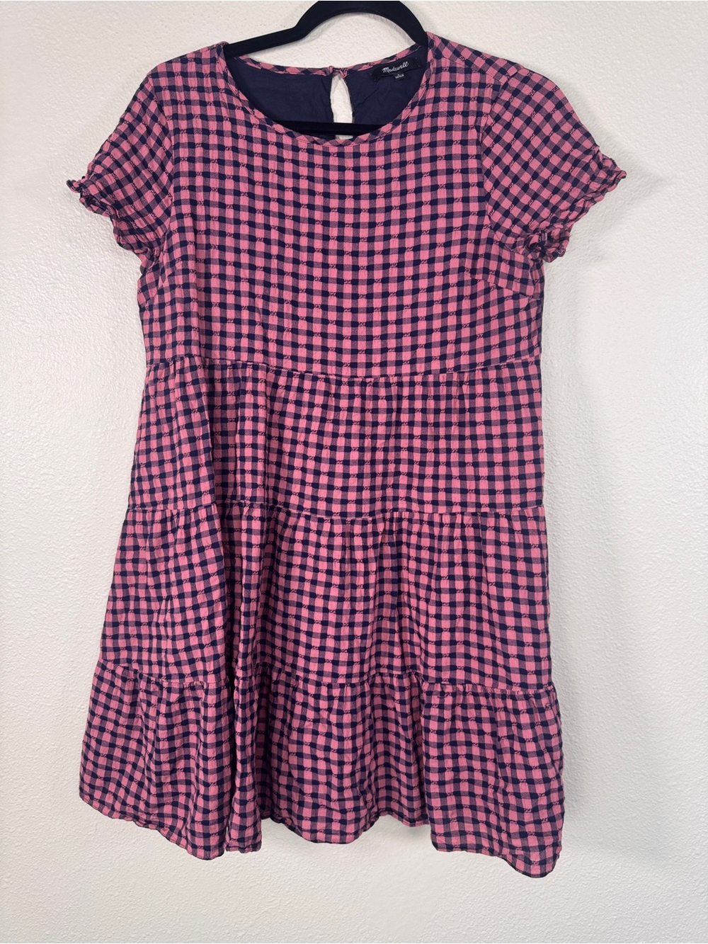 Madewell Pink Blue Plaid Gingham Tiered Mini Dress Womens S Fall Casual Boho